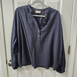 Blue Textured Button-Up Blouse